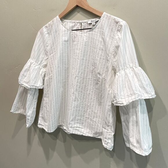 Madewell Pinstriped Ruffled White and Gray Top - Size: Medium - Picture 5 of 11